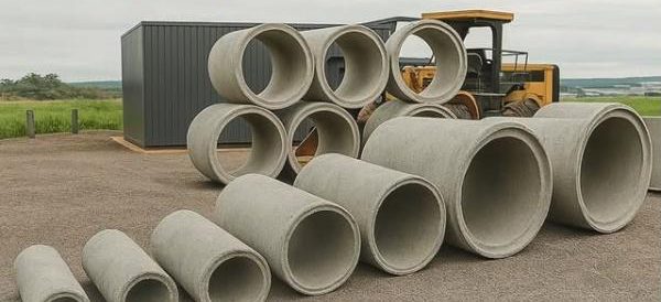 Tubos de concreto de vários diâmetros no pátio